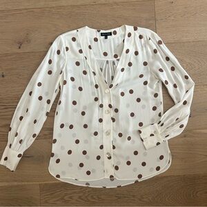 Massimo Dutti White Brown Polka Dot Long Sleeve Blouse Top Size 2